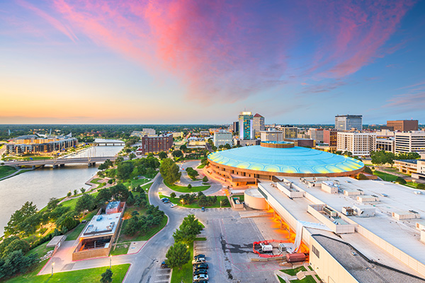 wichita aerial shot with colorful clouds